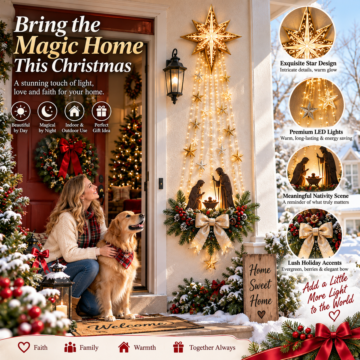 Woman and dog on a porch beside the lighted Bethlehem Star nativity decor