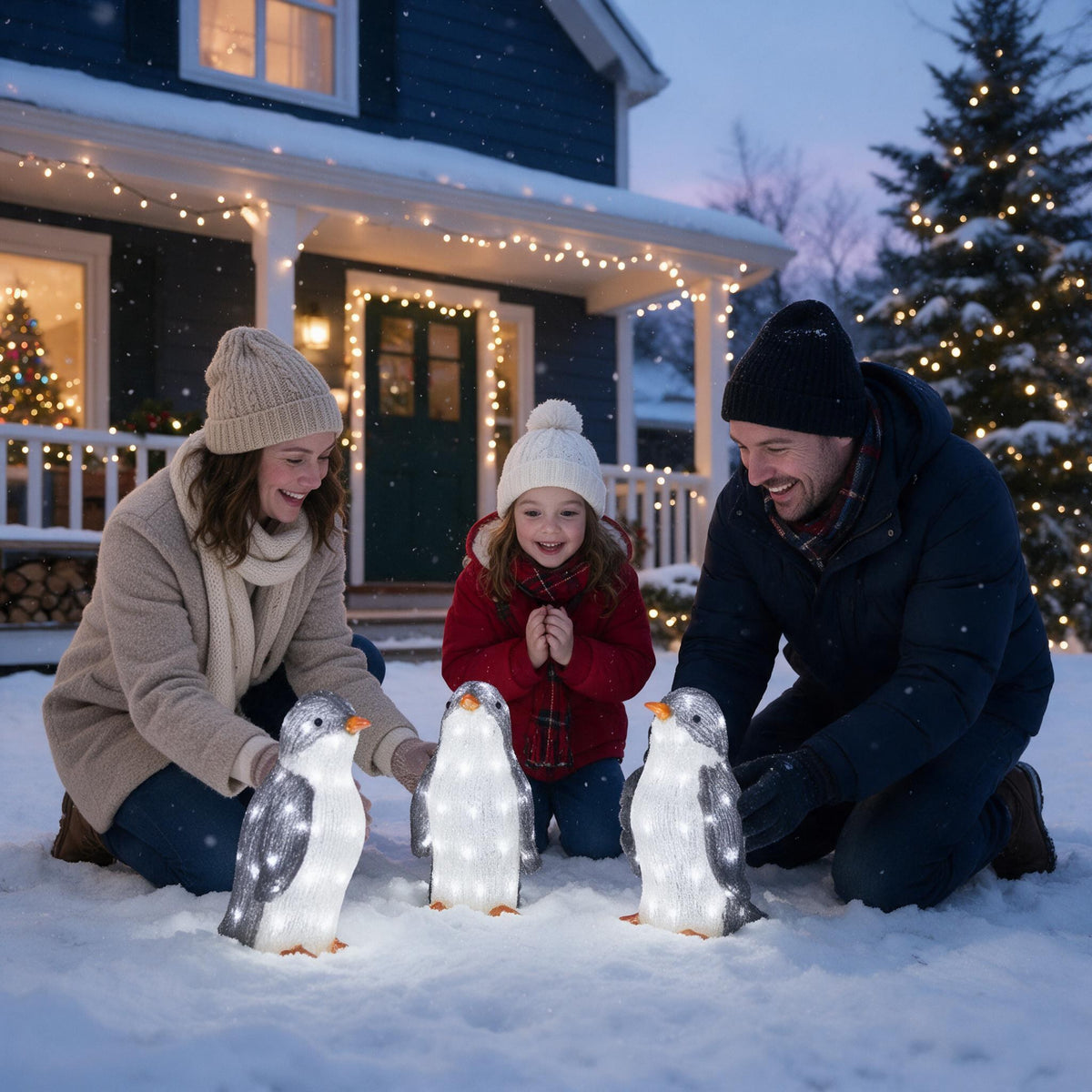 Family placing the glowing penguin decorations in the snow