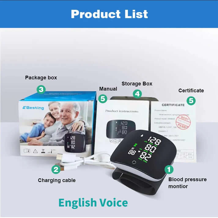 Rechargeable Smart AI Wrist Blood Pressure Monitor (With English Voice)