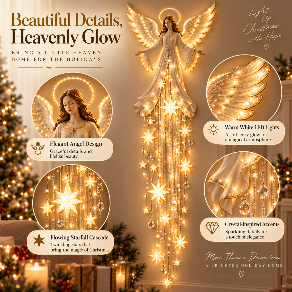 Details of the angel, warm LED starfall strands and crystal-inspired accents