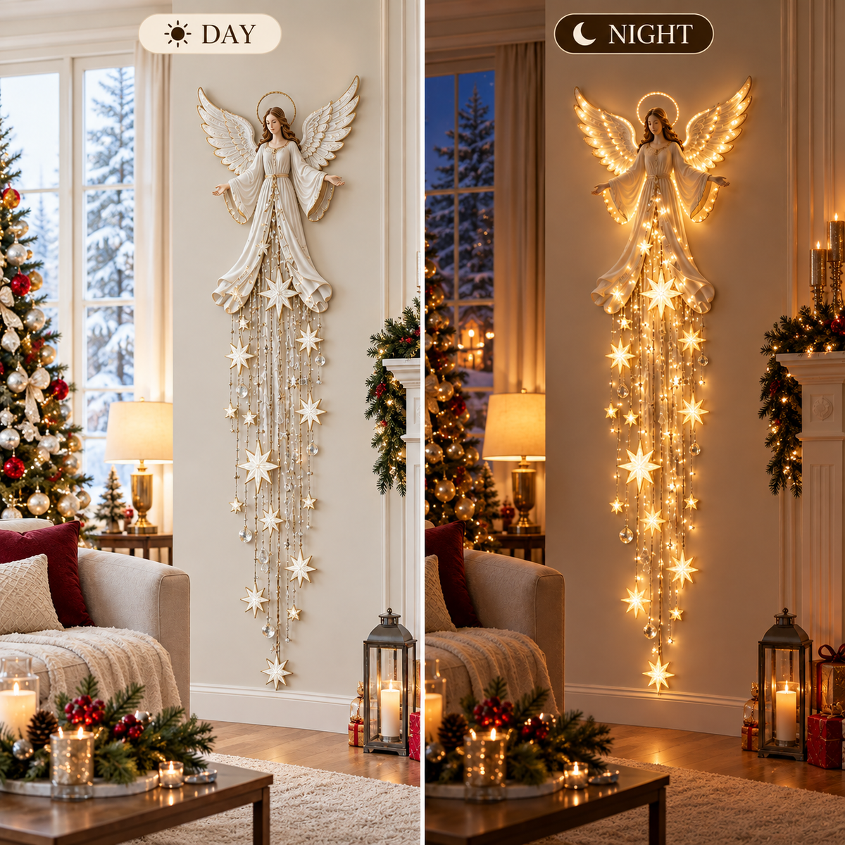 Angel Starfall Wall Light by day and lit up at night