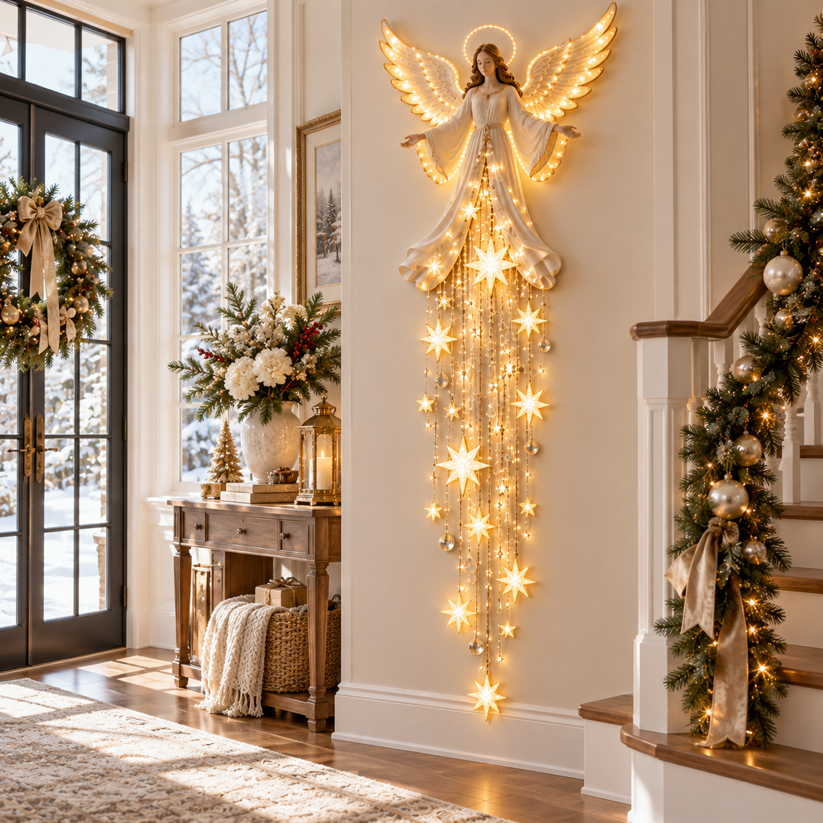 Angel Starfall Wall Light beside a garland-covered staircase