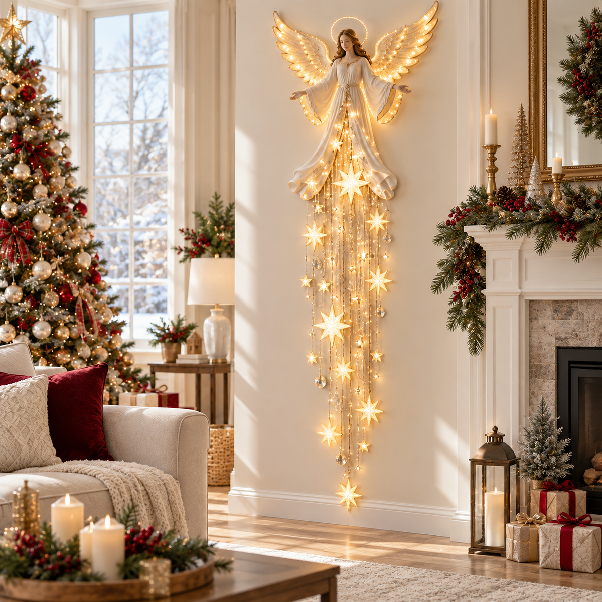 Glowing angel wall light as a Christmas focal point in a living room