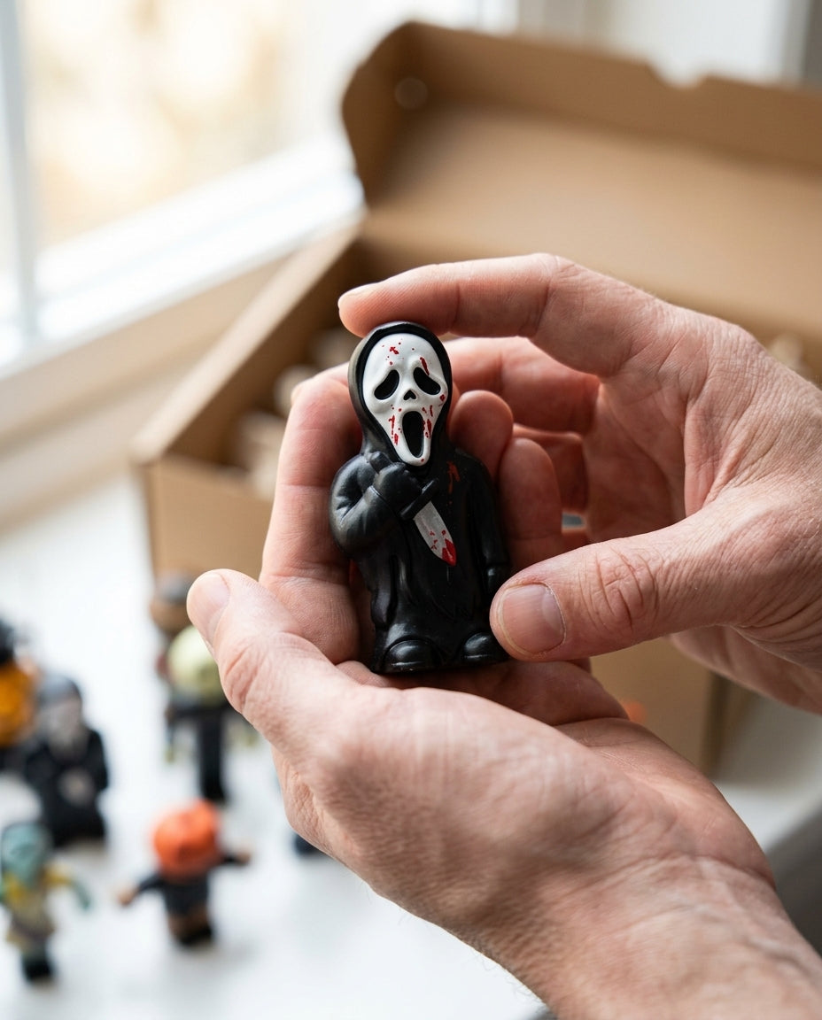 Mini horror-inspired collectible held in two hands to show its approximate scale
