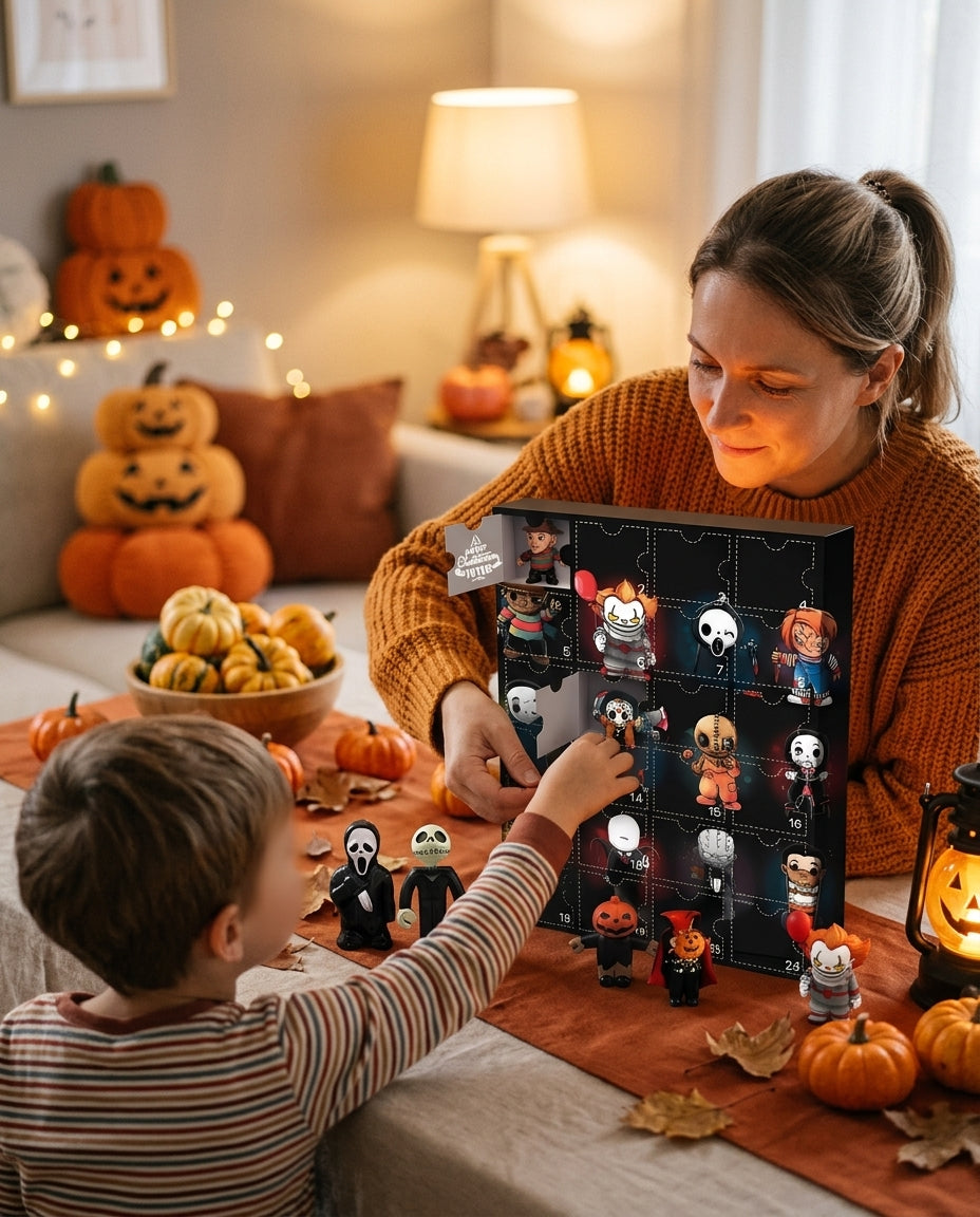 Parent and child enjoying a Halloween collectible countdown calendar together