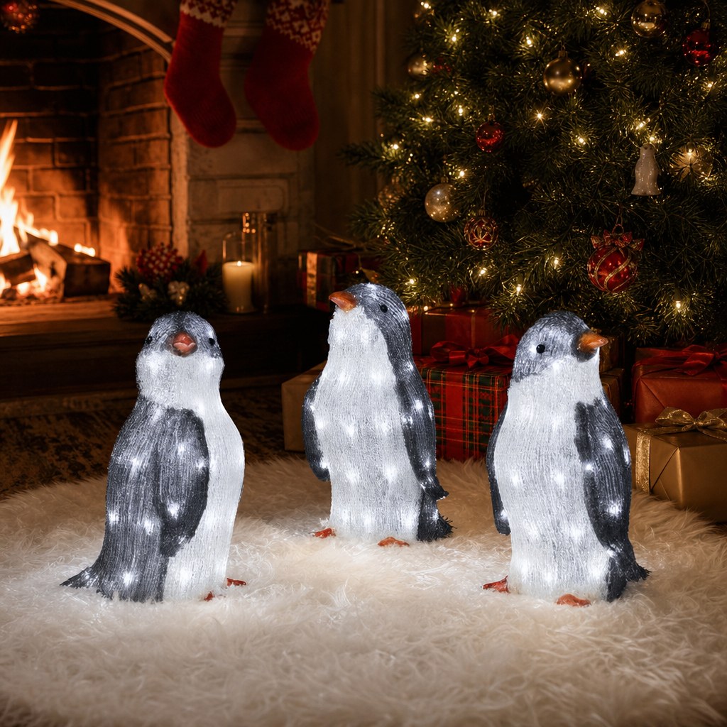 Light-up penguins indoors by the Christmas tree and fireplace