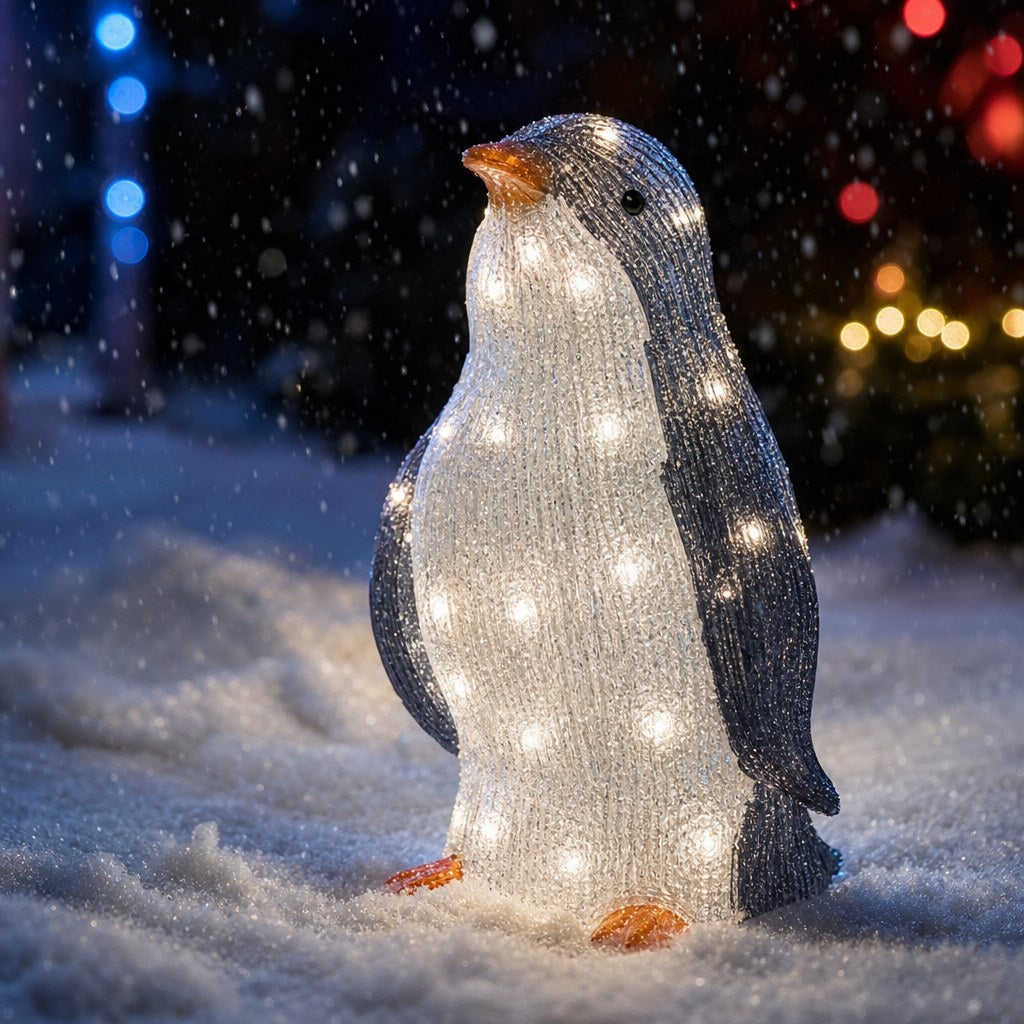 Close-up of a glowing acrylic penguin with twinkling LED lights in the snow
