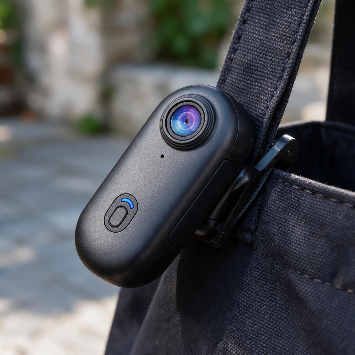 SaddleCam clipped to a bag strap with the 360 degree rotating clip mount