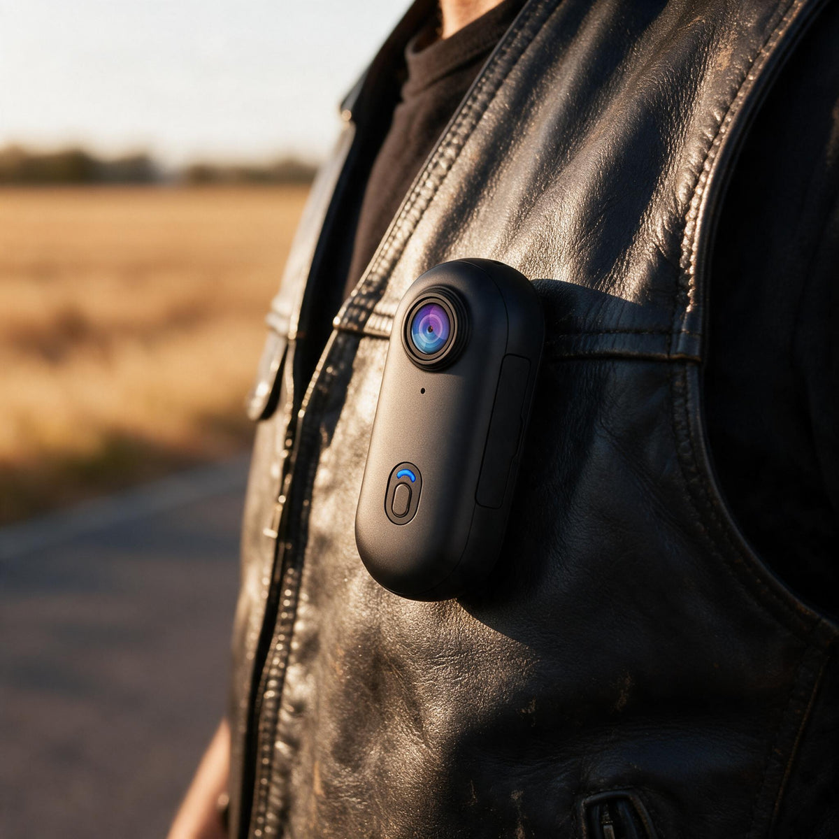 SaddleCam magnetically mounted on a black leather motorcycle vest at golden hour