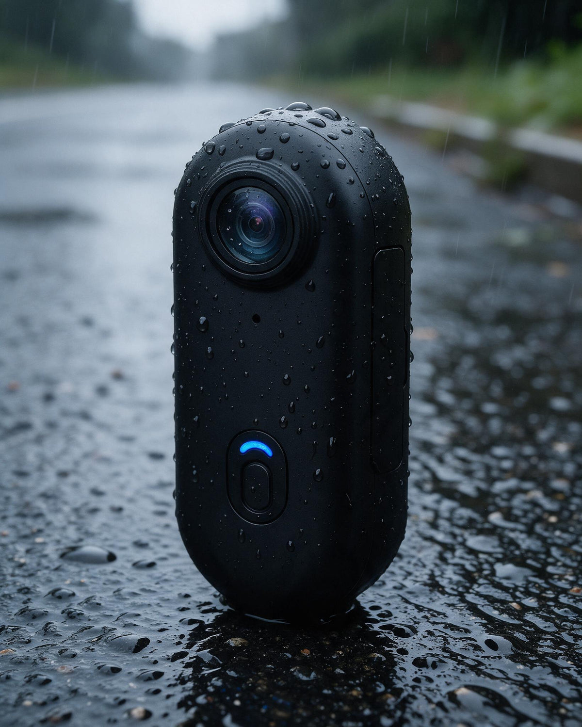 SaddleCam covered in rain droplets on wet asphalt, IPX7 water resistance