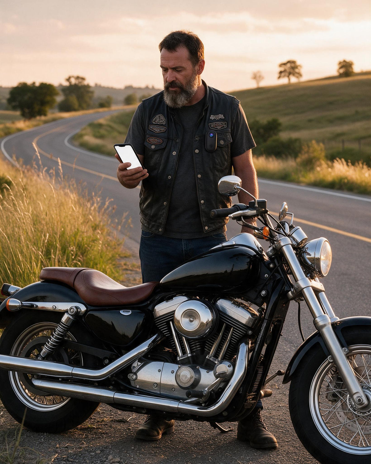 Motorcyclist checking the SaddleCam Wi-Fi preview on his phone beside his cruiser